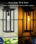 Outdoor Dusk to Dawn LED Bulb 8W 100W Equivalent, 1400 Lumens, installed in black lantern showing daytime and nighttime use
