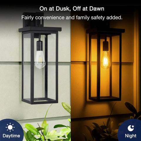 Outdoor Dusk to Dawn LED Bulb 8W 100W Equivalent, 1400 Lumens, installed in black lantern showing daytime and nighttime use