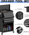Beefy Eight Drawer Rolling Tool Chest With Lockable Wheels And 2 In 1 Portable Toolbox Organizer High Capacity Storage Cabinet For Garage And Workshop Top Layer And Bottom Cabinet With Hanging Hooks, black steel, open drawers