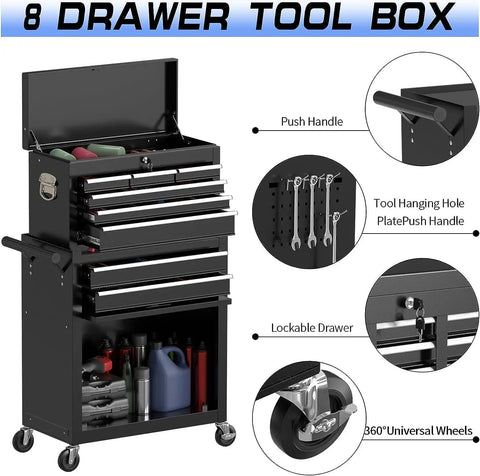 Beefy Eight Drawer Rolling Tool Chest With Lockable Wheels And 2 In 1 Portable Toolbox Organizer High Capacity Storage Cabinet For Garage And Workshop Top Layer And Bottom Cabinet With Hanging Hooks, black steel, open drawers
