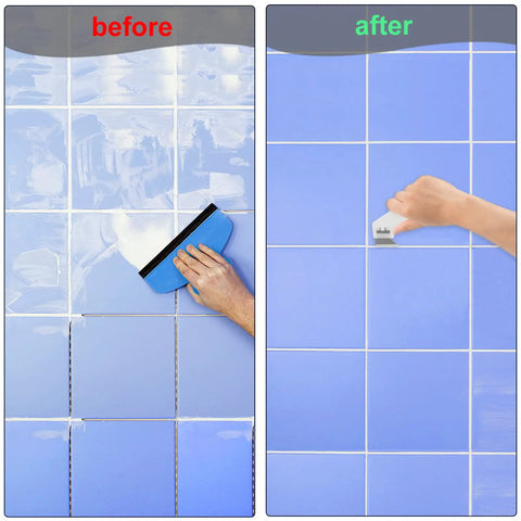 Caulking Tool Kit With Stainless Steel Scrapers And Multi Sized Caulking Silicone For Kitchen And Bathroom Joints Diy Friendly Reusable Pro Grade Sealant Tool Set For Window Sink Toilet Shower And More showing before and after tile grout application.