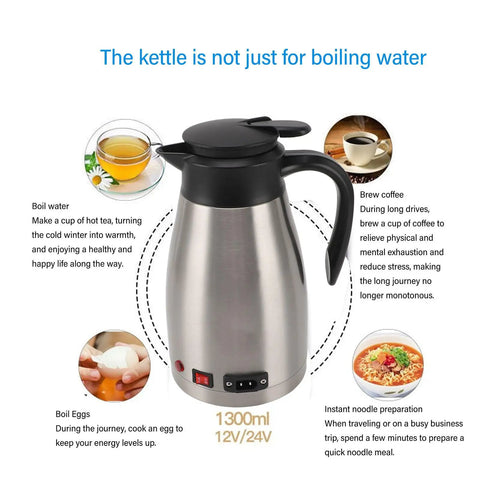 Heavy Duty 12V Car Electric Kettle With 1300ml Stainless Steel Body crafted for boiling water, brewing coffee, and more.