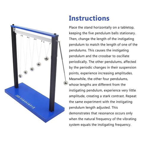 Forced Vibration And Resonance Demonstrator For Physics Teaching Pendulum Resonance Demonstration Kit With 20mm Metal Ball And 5 Steel Balls Metal Construction Classroom Friendly Hands On Learning Tool displayed with instructions
