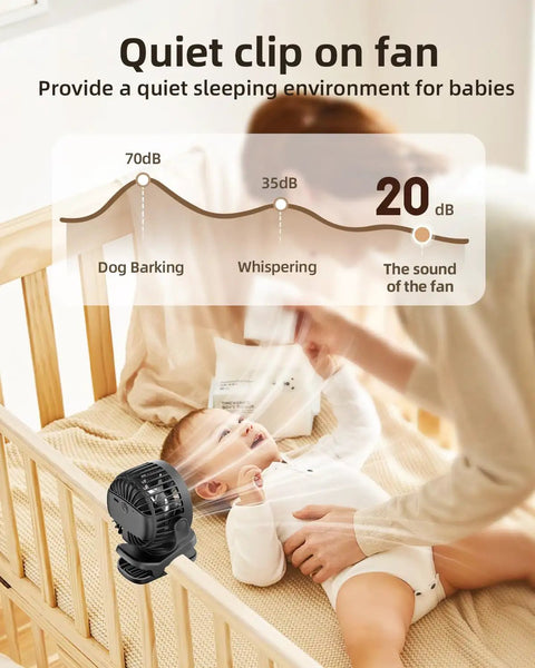Clip On Battery Operated Mini Desk Fan With Digital Display cooling a baby in a crib