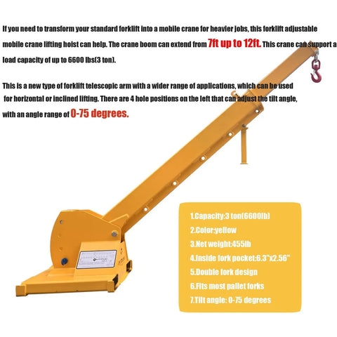 Badass Job Site Beast 6600lb Forklift Mobile Crane With 12ft Telescopic Jib Boom and steel hook, yellow telescopic arm for industrial lifting.