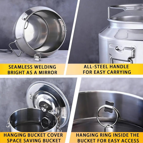 Built Tough 304 Stainless Steel Food Storage Hopper With Spigot And Airtight Lid For Staying Fresh Rice Flour Sugar Grains Coffee Beans 16 9 Gallon Capacity featuring seamless welding and easy-carry handle.