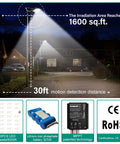 Ultra Bright 100W Solar LED Flood Light Outdoor illuminating driveway at night, showcasing 1600 sq.ft coverage and components.
