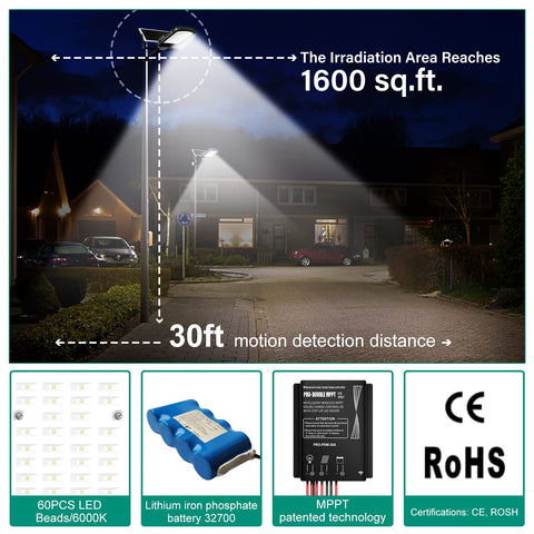 Ultra Bright 100W Solar LED Flood Light Outdoor illuminating driveway at night, showcasing 1600 sq.ft coverage and components.