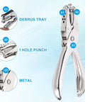1/4 Inch Single Hole Punch Kit, silver metal handheld puncher with ergonomic grip, close-up showing debrus tray and hole punch.