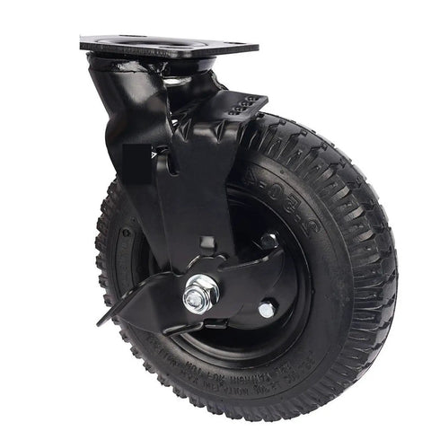 8 Inch Pneumatic Rubber Caster Wheel Featuring Secure Side Brake Heavy Duty Workhorse For Hotel Luggage Cart close-up with flanged design.