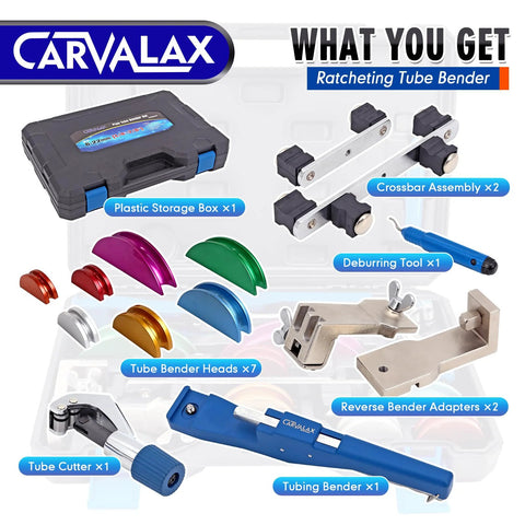 CAVALAX blue 90° ratcheting tube bender kit with 7 color-coded heads for 1/4-7/8 in pipes includes cutter, deburring tool