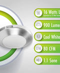 Diagram showing Integrated LED Light Bath Fan With Ceiling Mount Exhaust Quiet One Point One Sones Eighty CFM Brushed Nickel Finish