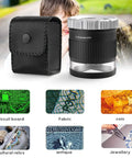 30X Loupe Magnifier With Adjustable Focal Length And Foldable Design for textiles, jewelry, circuit boards, and coins, shown with case.
