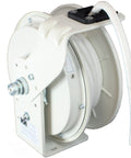 Heavy Duty Retractable Power Cord Reel With 50 Foot 20 Amp Sjow White Cable And Adjustable Guide showing durable steel frame.