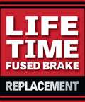 LIFETIME FUSED BRAKE REPLACEMENT text on red and black background