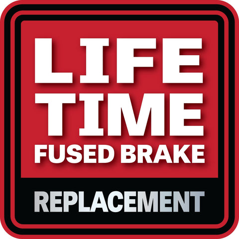 LIFETIME FUSED BRAKE REPLACEMENT text on red and black background