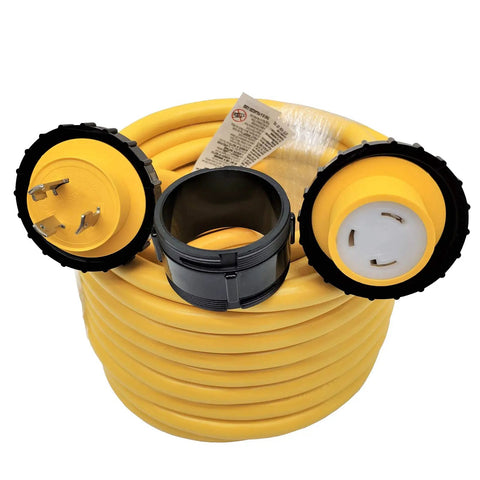 RV Shore Power Extension Cord 50 Ft L5-30 Twist Lock 30A With Seal Collar Yellow Nickel-Plated Brass Pins 100% Copper Conductors
