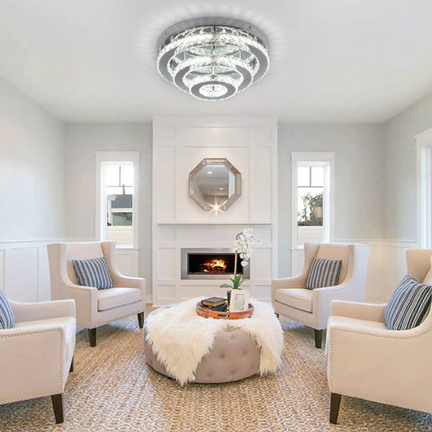 3 Tier Crystal Chandelier LED Flush Mount Ceiling Light 13.8 Inch Round Fixture for Bedroom Dining Living Room Cool White 6000K 42W K9 Crystal