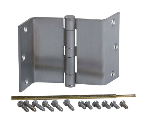 Image of a Swing Clear Hinge Satin Chrome 3-1/2 Inch Concealed Screws Ribbed Design with included screws and rod