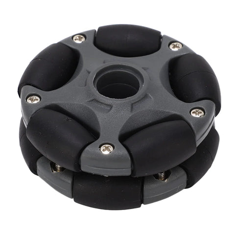 58mm omnidirectional wheel for robots, black and grey, double row, designed for robotics and RC projects, durable and compact design.