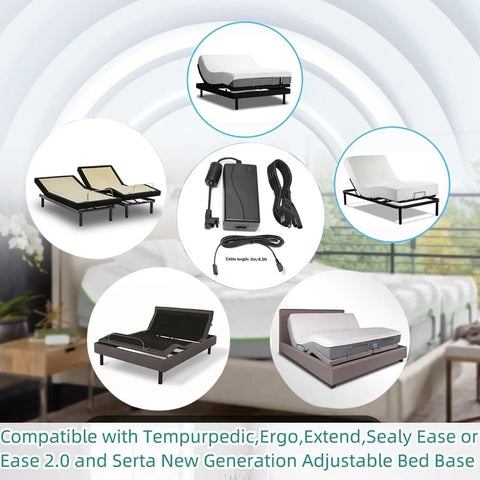 29V Power Adapter for Adjustable Bed Frames and Desks, 2A DC Charger Cable Included, with compatible bed models.