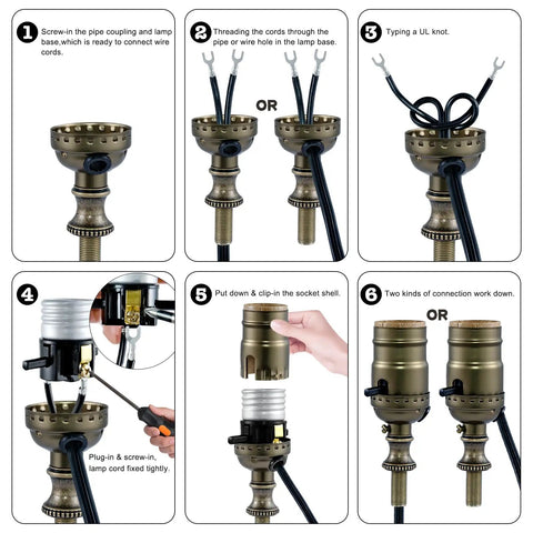 Heavy Duty Push On Off Light Socket With Medium Screw Base For Floor And Table Lamps Delivering No Sweat Operation And Rugged Antique Brass Housing UL Listed Twin Pack installation guide.