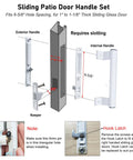 Sliding Patio Door Handle Set with measurements for 6-5/8 inch hole spacing, for 1 to 1-1/8 inch thick glass doors.