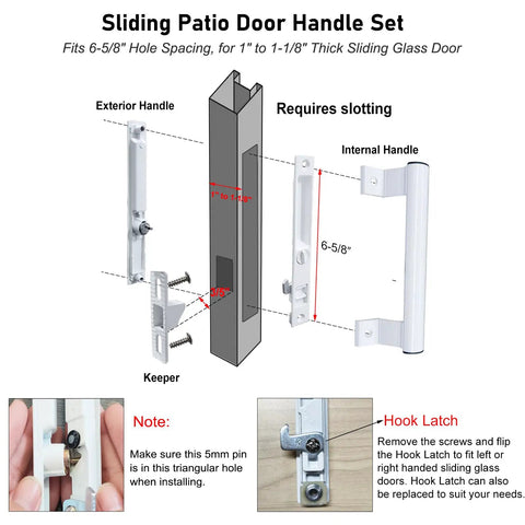 Sliding Patio Door Handle Set with measurements for 6-5/8 inch hole spacing, for 1 to 1-1/8 inch thick glass doors.