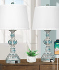 Set Of 2 Rustic Bedside Lamps With 3-Way Touch Dimming And USB Ports, Coastal Washed Blue Nightstand Lights For Bedroom Or Living Room