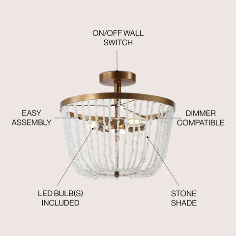 Antique Gold 3 Light Flush Mount Chandelier With Quartz Bead Accents In Stone And Metal For Dining Room Or Bedroom Modern Transitional Style LED Bulbs Included Lit Upgrade