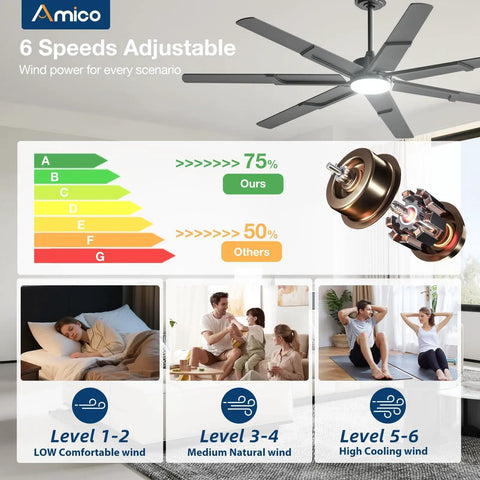 66 Inch Black Ceiling Fan With Lights And Remote 6 Speed Reversible DC Motor energy efficiency comparison chart and family using fan