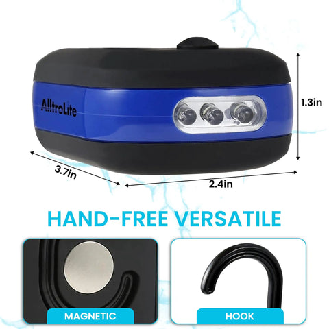 Three Pack LED Work Lights With Magnetic Back Rotatable Hook And Push Button Power Pocket Sized Battery Operated Lights For Car Repair Emergency Hiking Camping 27 LEDs In Blue Red And Green showing side view with dimensions and features.