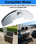 Heavy Duty BBQ Smoker Hinge Set For Weld On Steel Doors Two Pack Eight By Two And A Quarter Inch Hinge Fits Three Sixteenths Inch Plate Removable Pin Design For Smoker Lid Firebox And Grill Doors Silver Finish images showing hinge installation and uses.