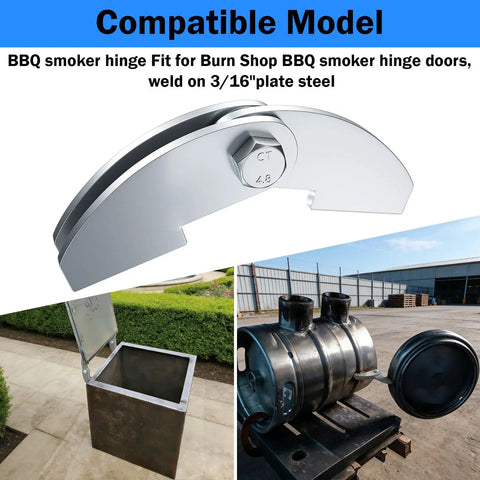 Heavy Duty BBQ Smoker Hinge Set For Weld On Steel Doors Two Pack Eight By Two And A Quarter Inch Hinge Fits Three Sixteenths Inch Plate Removable Pin Design For Smoker Lid Firebox And Grill Doors Silver Finish images showing hinge installation and uses.