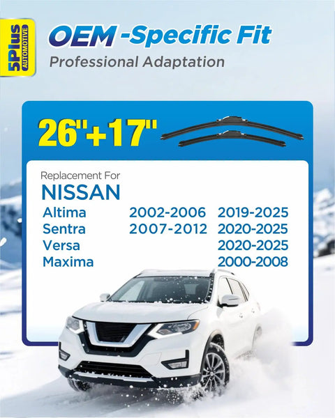 Premium All Weather Windshield Wiper Blades Compatible With Nissan Altima Rogue Sentra Versa Pathfinder Durable Natural Rubber Design Includes Microfiber Car Wash Towel For Clear Sightlines And Road Ready Performance with sizes 26" and 17".