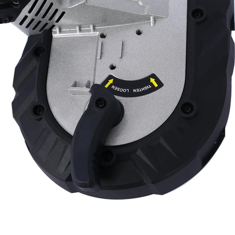 Close-up of the base and adjustment handle of the Straight Shooter Portable Band Saw Featuring 1100 Watt Motor And 5 Inch Depth Cut.