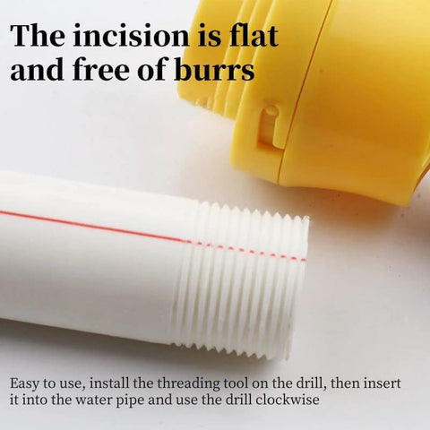 Electric Drill Pipe Threader For PVC, Reusable Die Kit With 1/2 3/4 And One Inch Dies showing flat incision on PVC pipe.