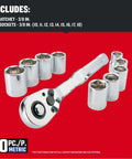 Pro Mechanics Tool Set Featuring A Badass Low Profile Ratchet With 72 Teeth And 6 Point Chrome Sockets Built For Crushing Tough Jobs In Tight Spaces Pumping Massive Torque Backed By A Lifetime Warranty Metric Drive Pieces including a 3/8 inch ratchet and nine chrome sockets.