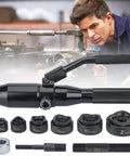 Portable Manual Hydraulic Hole Punch Kit With Six Dies 360 Degree Rotating Conduit Cutter Set for metalwork, man operating machine