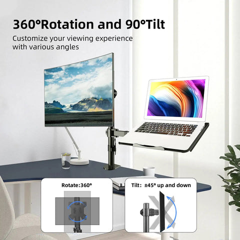 Ergonomic Monitor And Laptop Arm Mount For 13 To 32 Inch Screens Up To 22 Lbs, Adjustable Desk Mount With Laptop Tray, shown installed on a desk