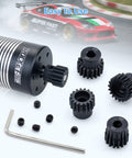Beefed Up 32P Pinion Gear Set For RC Cars 15T 16T 17T 18T 19T With 5mm Bore, metal gears displayed with RC car motor and tools