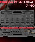 Front view of 71400 manifold drill template kit in open case; red aluminum template with drill bits for GM LS engines.