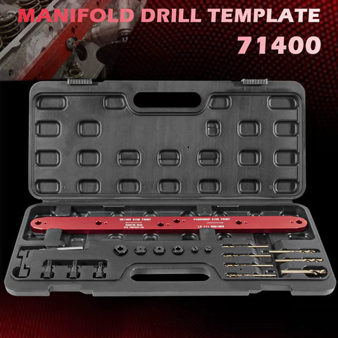 Front view of 71400 manifold drill template kit in open case; red aluminum template with drill bits for GM LS engines.