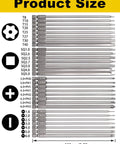Product size chart for 30 Pack 1/4 Inch Hex Shank Magnetic Screwdriver Bits Set, showing various types and sizes.