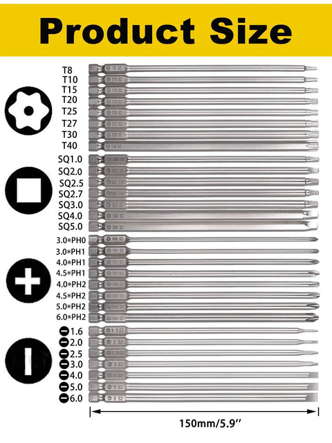 Product size chart for 30 Pack 1/4 Inch Hex Shank Magnetic Screwdriver Bits Set, showing various types and sizes.