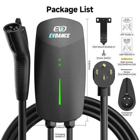 Package list for Level 2 EV Charger For Home Use 40 Amp Fast Charging 9.6kW 240V With NEMA 14-50 Plug J1772 Connector 25Ft Cable