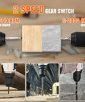 Beast Brushless Cordless Drill Driver With 530 Inch Pounds Torque Seventeen Plus One Clutch Settings One Half Inch Keyless Chuck Variable Speed Long Lasting Motor For Home Or Pro Projects Battery And Charger Not Included in use on wood and tile surfaces, showing 0-500 RPM and 0-2000 RPM drilling.