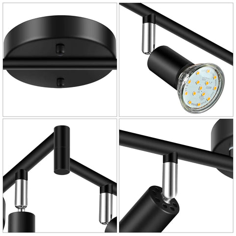 Close-up of Six Light LED Track Lighting Kit In Black With Flexible Rotatable Heads For Ceiling Includes 6 GU10 Bulbs