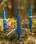 Levi Morgan Series 2-Blade Mechanical Broadheads 100 Grain Expandable with 2.0 Inch Cut, 4 Pack in Blue on forest stump