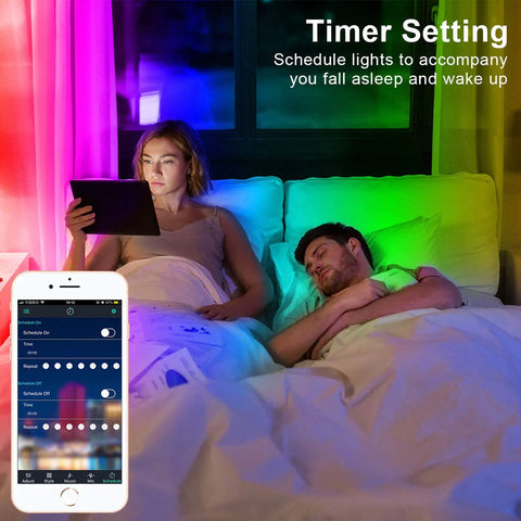 Color Changing LED Strip Lights 100 Feet Bluetooth Remote Music Sync for Bedroom showing mood lighting with timer app.